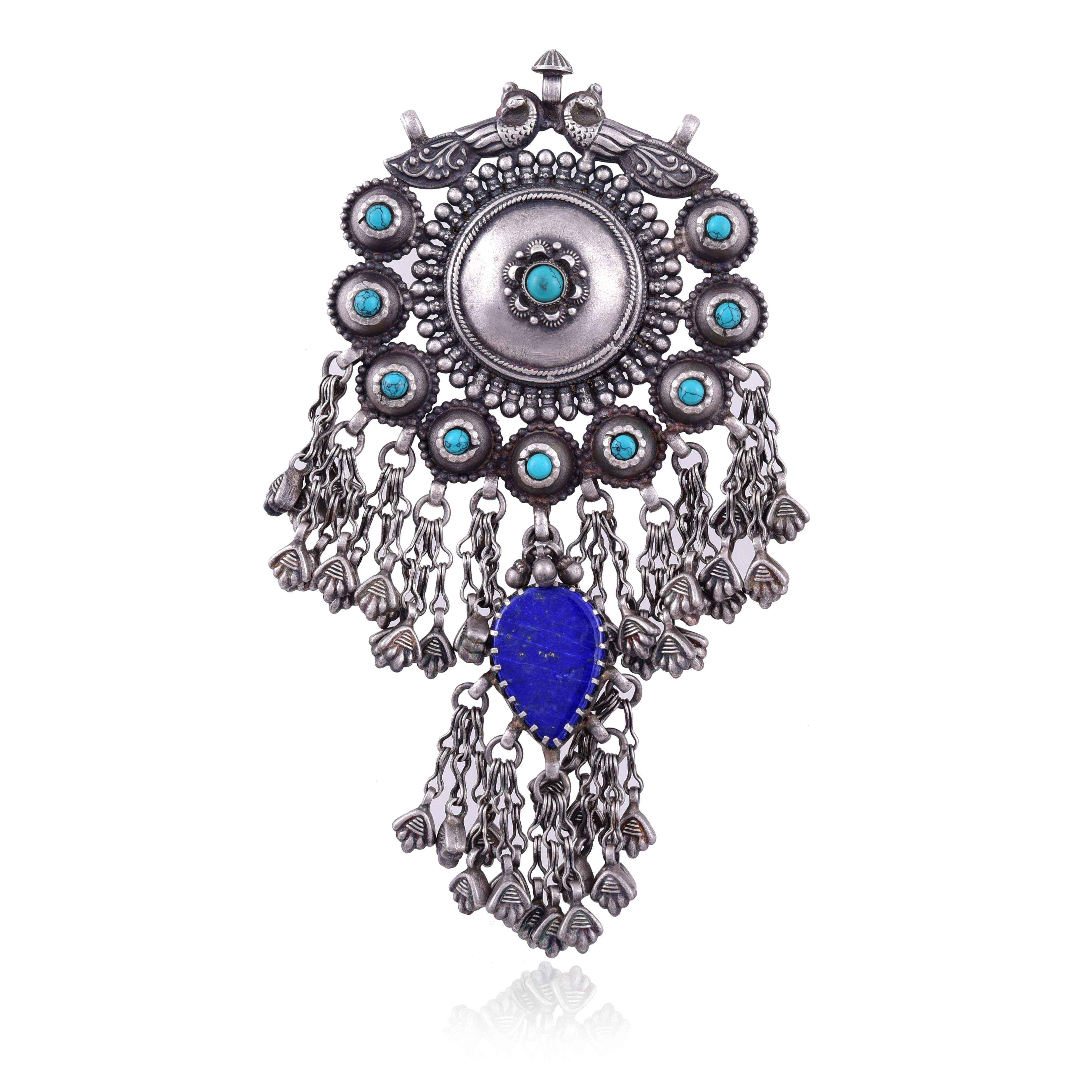  Oxidised Silver antique peacock  turquoise,lapis pendant :SKU5860